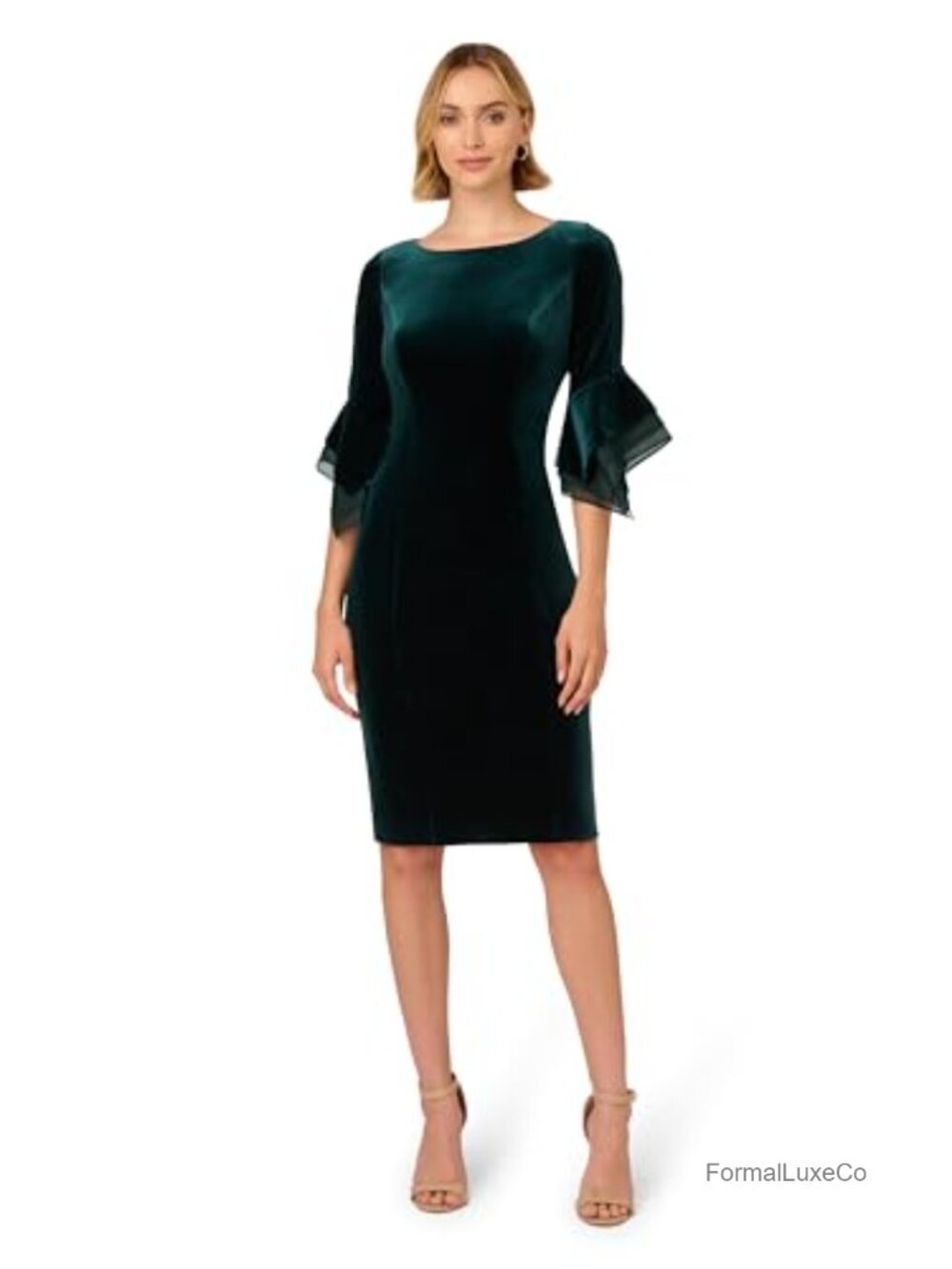 Velvet Bell Sleeve Sheath Dress with Organza Accents